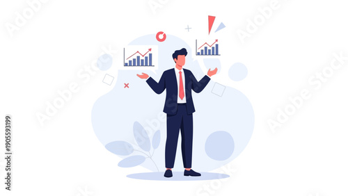 Businessman juggling financial charts, symbolizing strategy and analysis