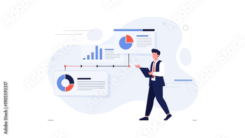 Businessman presenting financial report with charts and graphs, modern illustration