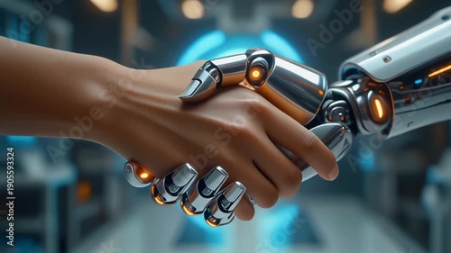 Futuristic Collaboration A Human Handshake with a Robotic Arm Symbolizing Technological Advancement and Partnership