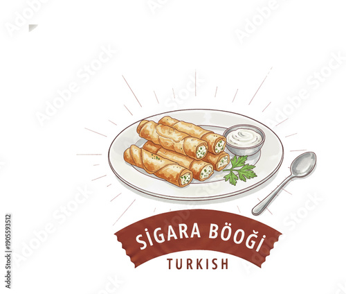 Delicious Turkish Sigara Boregi crispy fried pastry rolls with cheese and parsley served with dipping sauce