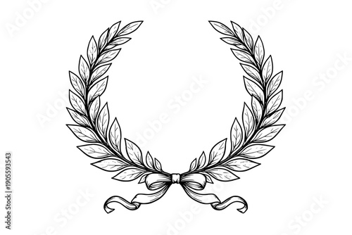 Vector laurel wreath outline with ribbon in engraved style. Classic symbol of victory, award, achievement and elegance. Black line art isolated on white background.