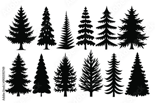 set of pine tree silhouette line art vector illustration with a white background