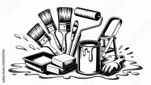 Vector illustration of paintbrushes, paint can, roller, and painting tools, messy paint splatters, for DIY or construction concept, Isolated on transparent background, png