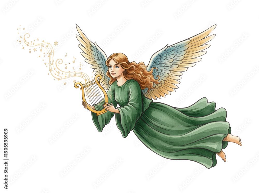 Fototapeta premium Serene lightskinned angel woman with golden wings playing harp and flying with musical notes and stars in a flowing green gown