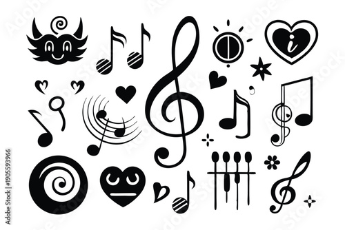 set of musical notes and symbols silhouette line art vector illustration with a white background