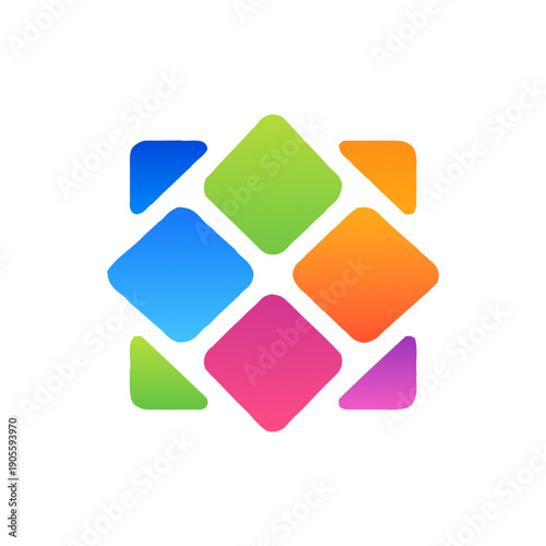 Modern abstract mosaic logo with colorful rounded diamond shapes, symbolizing modularity, data integration, and collaborative unity for 2026 tech branding.