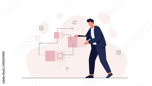 Businessman arranging building blocks, project management, strategy, workflow concept