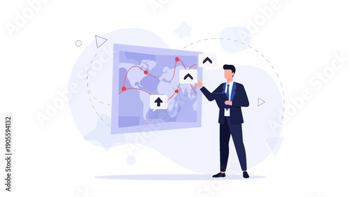Businessman Planning Global Strategy on World Map with Arrows and Data