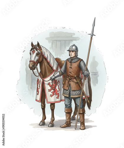 Medieval Soldier and Horse Standing Watchful with Spear Armor and Heraldry in Historical Illustration