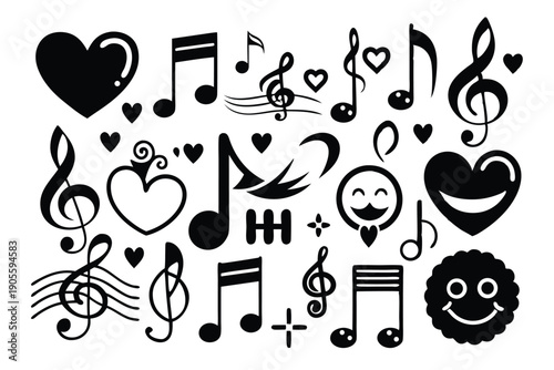 set of musical notes and symbols silhouette line art vector illustration with a white background