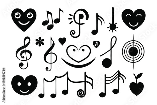 set of musical notes and symbols silhouette line art vector illustration with a white background