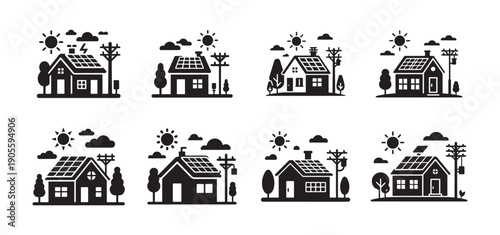 Eco-friendly solar house icons. Solar power house black vector eps 10
