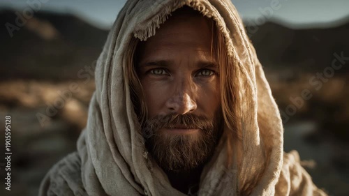 Close-up portrait of Jesus Christ smiling kindly to the camera outdoors. Warm sunlight gently illuminates his face, expressing compassion, peace, and divine love.