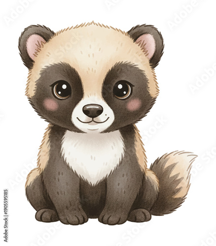 Adorable happy cartoon badger sitting calmly with a sweet friendly smile and big innocent eyes on black background