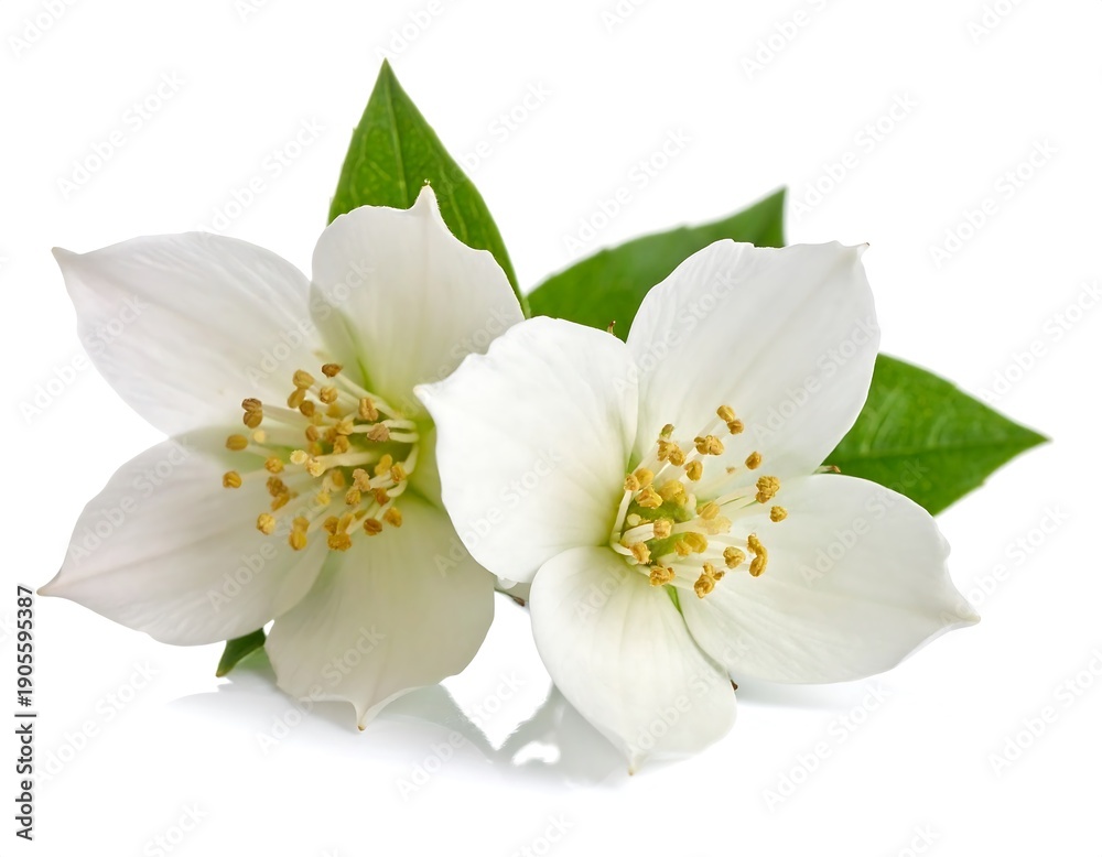 Obraz premium Two delicate white jasmine blossoms with yellow centers and a few bright green leaves, isolated on a white background