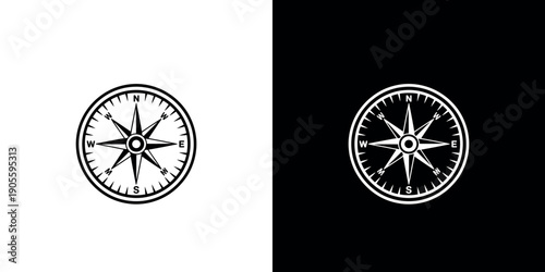 Black and white compass symbols on contrasting backgrounds navigation direction north