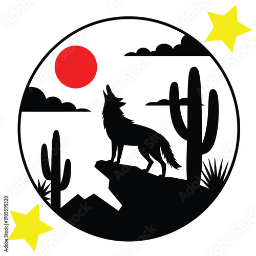 Lone wolf howling at the red moon in a desert landscape with cacti and stars, vector illustration