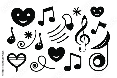 set of musical notes and symbols silhouette line art vector illustration with a white background