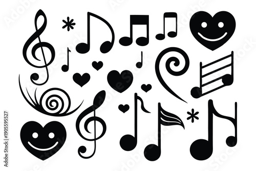 set of musical notes and symbols silhouette line art vector illustration with a white background