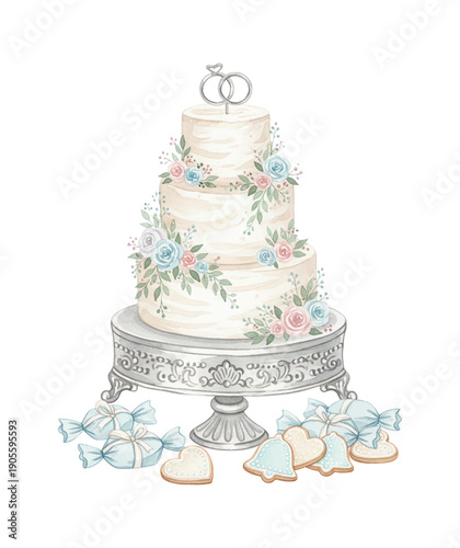 Elegant three tier watercolor wedding cake adorned with pink and blue flowers silver rings topper and candies