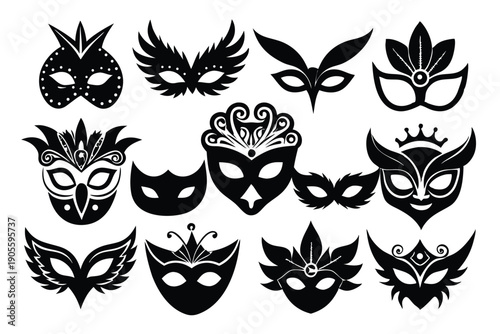 set of masquerade silhouette line art vector illustration with a white background
