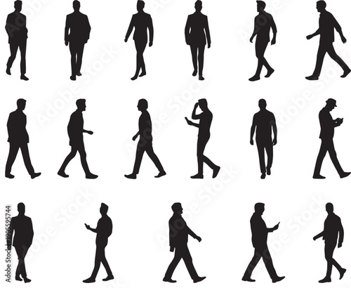 Silhouettes of people walking and using mobile phones in a sequence of movements