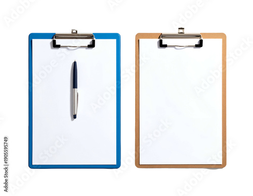 Two clipboards, one with a pen, on a black background