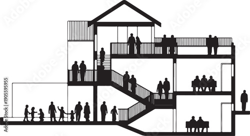 silhouettes of architecture drawing people. Architectural drawing of visitor at art gallery, business professional, hikers and urban life in row section elevation view. characters in architectural