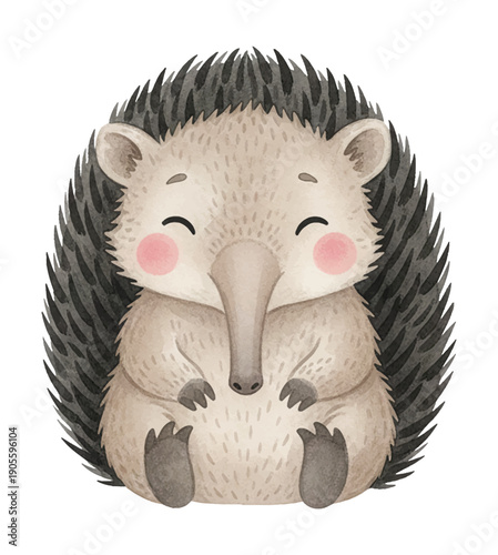 Cute happy hedgehog character with pink cheeks and closed eyes sitting peacefully in a delightful watercolor illustration style