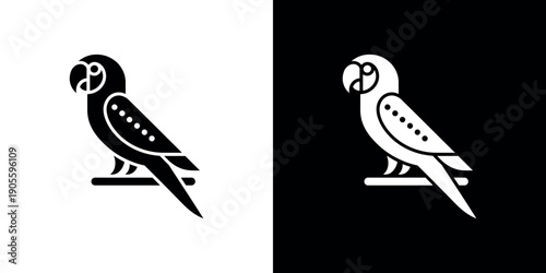 Black and white stylized parrot bird on a perch