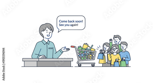 Cartoon Cashier Scanning Grocery for Family.
