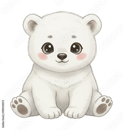 A cute baby polar bear cub is sitting happily and smiling with innocent eyes looking at camera