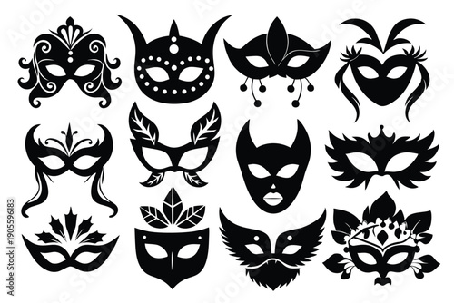 set of masquerade silhouette line art vector illustration with a white background