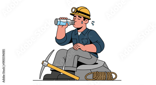 Cartoon Miner Drinking Water from Bottle.