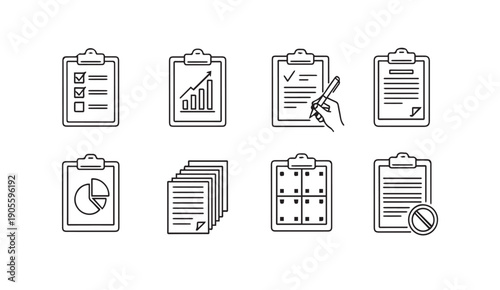 Clipboard Icons: Checklist, Graph, Writing, Pie Chart, Stacked Papers, Grid, Forbidden Sign