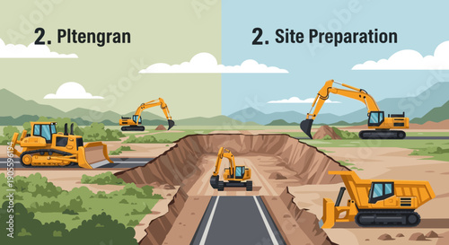 Construction Site with Excavators and Road.