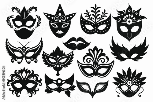 set of masquerade silhouette line art vector illustration with a white background