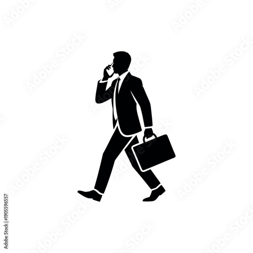 Black silhouette of a man in a suit walking and talking on a phone while holding a briefcase
