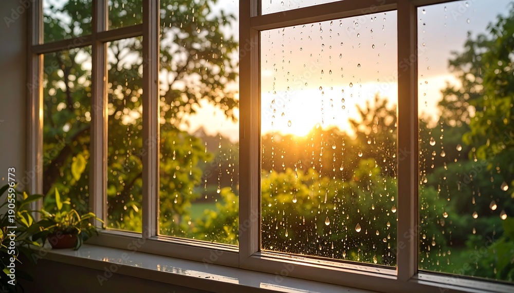 Fototapeta premium A sunlit view of a wet window featuring raindrops against a blurry backdrop of greenery and a bright sky. Light streams through the window