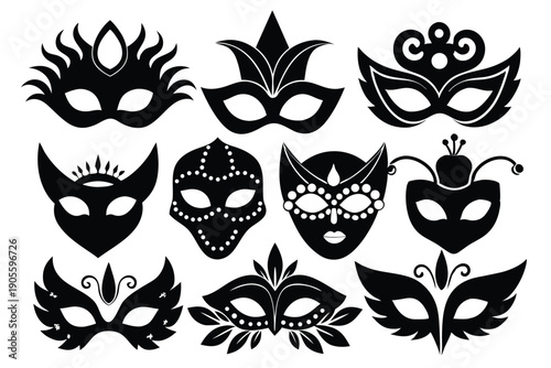 set of masquerade silhouette line art vector illustration with a white background
