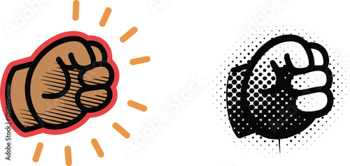 Bold clenched fists illustration in retro comic halftone and colorful cartoon style, symbolizing strength, unity, protest, empowerment, activism, resilience, solidarity