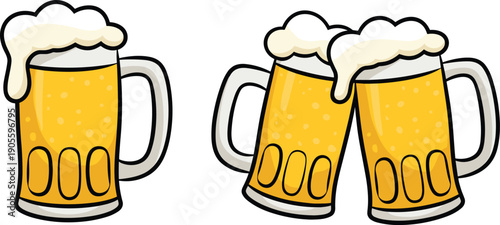 Cartoon Beer Mugs Cheers Illustration with Foam. Clinking Beer Glasses Cartoon Vector Oktoberfest Design.