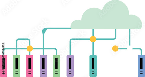 Cloud computing network vector illustration showing connected servers and data flow, modern flat design, technology infrastructure concept, digital communication system, web hosting infographic