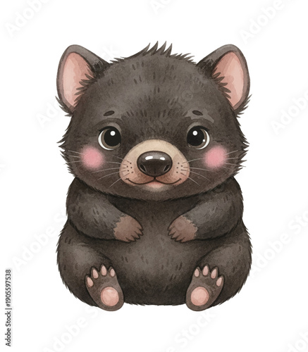 Adorable joyful small Tasmanian devil cub sitting and looking forward with sweet expression watercolor