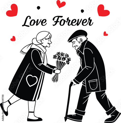 Elderly couple sharing a heartfelt moment with flowers and love symbols around them.