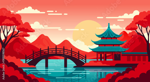 Serene Japanese Landscape with a Pagoda and Bridge A Vibrant Vector Illustration in Warm Tones