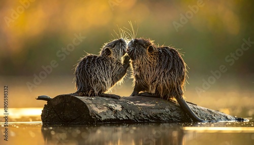 Two nutria rodents perch on a log in golden hour light, touching faces affectionately in a water scene