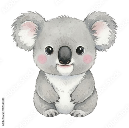 Cute koala bear happily sitting with a friendly expression in a charming children's watercolor illustration