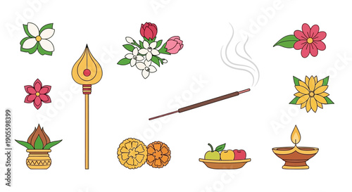 A collection of Hindu puja items and offerings including various flowers, a kalash, a vel, incense, fruits, and a traditional oil lamp.