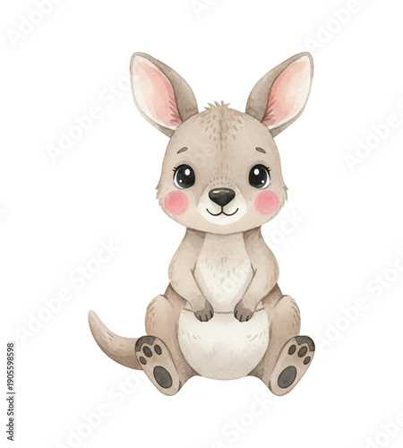 Cute Baby Kangaroo Sitting Smiling with Pink Cheeks in a Friendly Adorable Watercolor Illustration Style